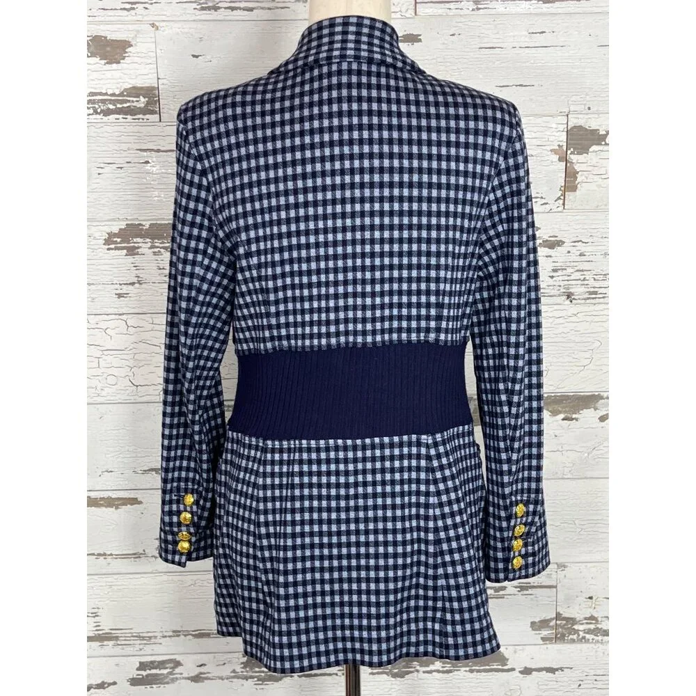 CABI Checkup Knit Blazer Navy & Periwinkle Sz L #5848 EUC